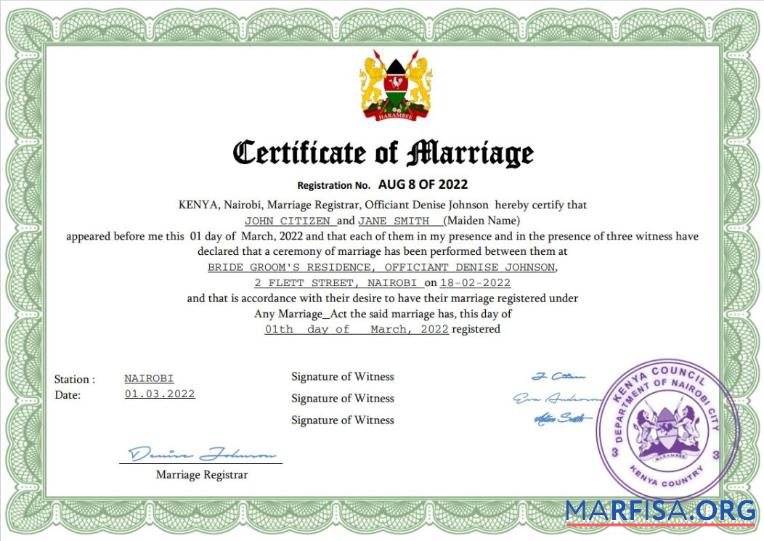 Printable Kenya marriage certificate Word and PDF template